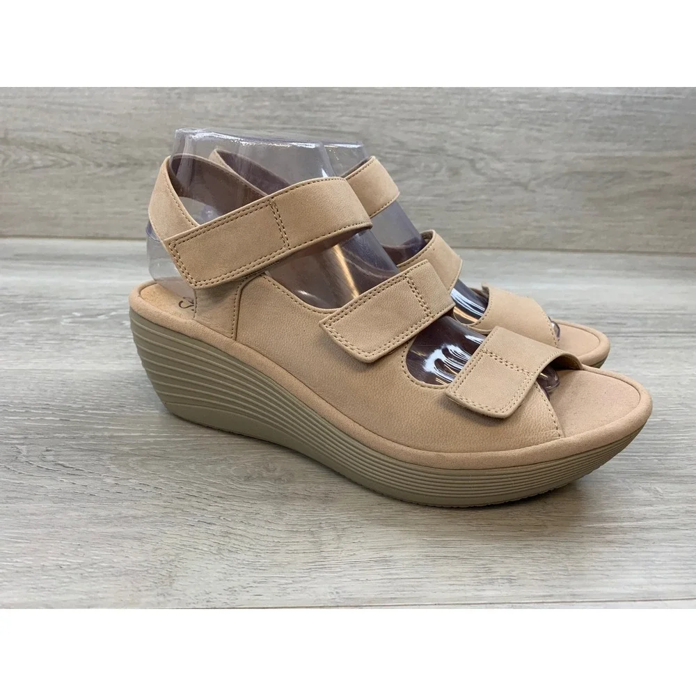 Clarks Reedly Juno Women's Tan Wedge Sandals 8 M Cushion Soft Strappy Shoes